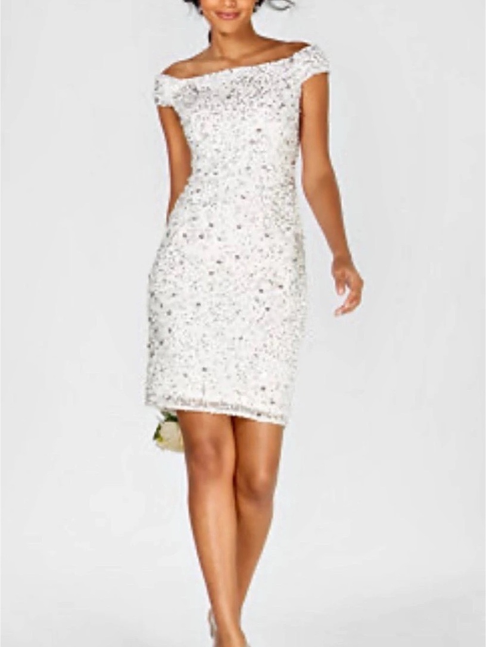 Adrianna Papell Sequin Off the Shoulder Mini Sheath Cocktail Dress in White and